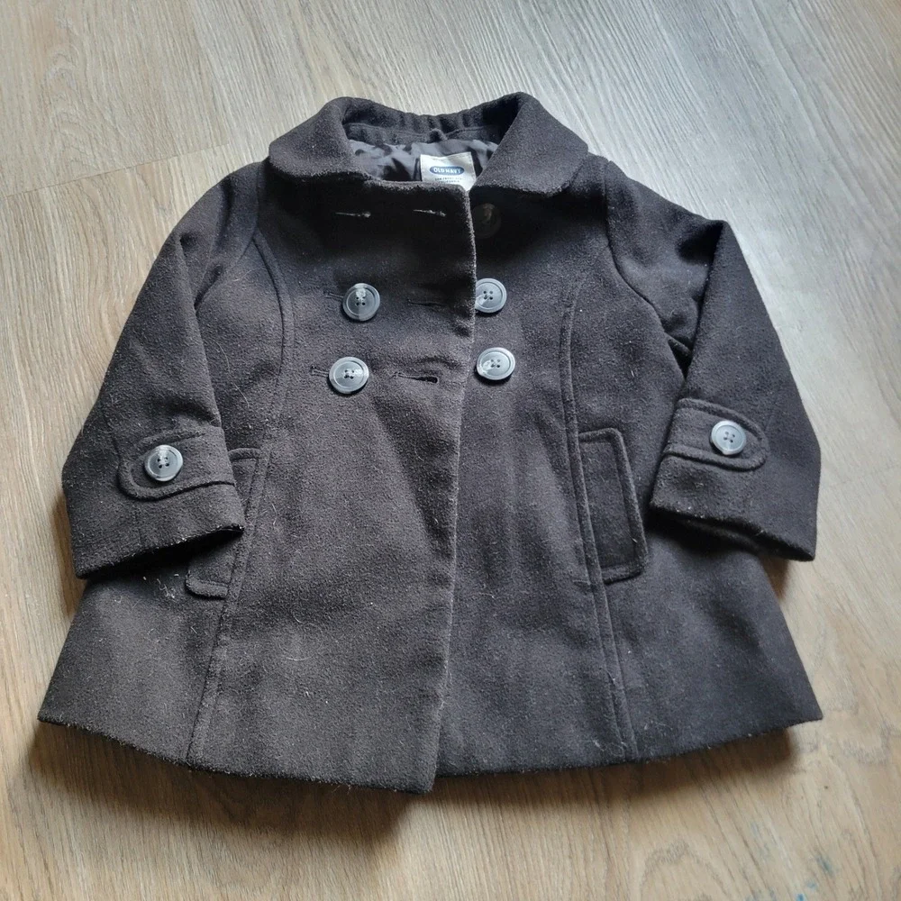 Old Navy Pea Coat Girl 18-24 Black Wool Blend Pleated Back Classic Dressy Jacket